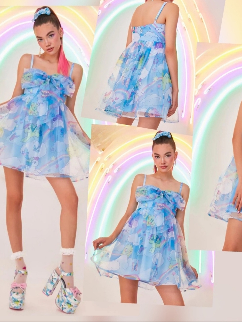 Dolls Kill My Little Pony Chiffon Mini Babydoll Dress Adjustable Straps Bow Blue